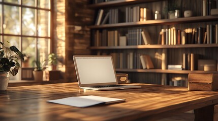 Laptop on wooden desk in sunlit library room.