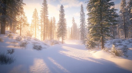 Winter Wonderland: Sunlit Snow-Covered Forest Path