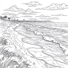 Fototapeta premium Black and white drawing of a beach scene with waves, sand, grass, and a cityscape in the distance.