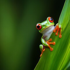 Obraz premium Close up of frog in an emerald green leaf