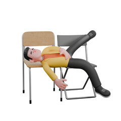 Full Designer Workflow Characters 3D Model. A male designer set sleeping on a chair with his right leg raised up and his left hand in front of his stomach, expression of deep sleep. Cartoon Style