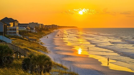 Naklejka premium Golden Sunset over Coastal Beach Houses