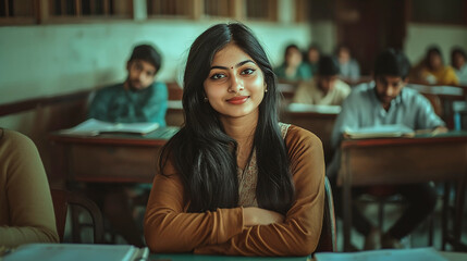 A beautiful young indian female student sitting in a classroom.
