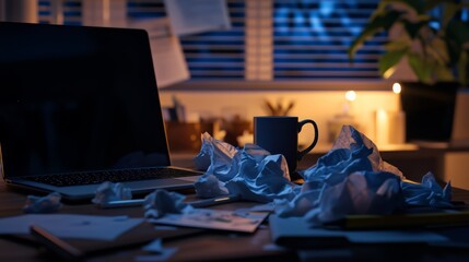Writer working late at night struggling with creative block and blank page on laptop