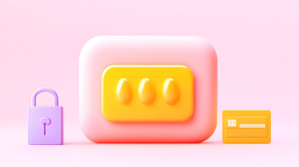 online shopping protection encryption concept. Colorful digital security elements including a padlock, password field, and credit card against a pink backdrop.