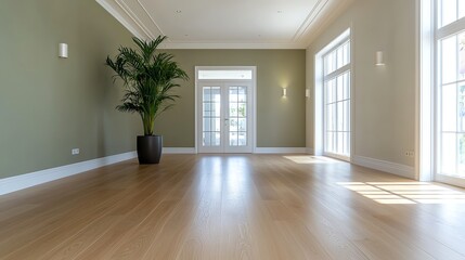 Obraz premium Spacious modern interior with wooden flooring and large windows, featuring a stylish potted plant.