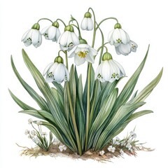 Beautiful White Snowdrop Flowers in Bloom on Green Leaves
