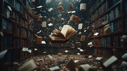 Open book levitates amidst falling books in a grand library.