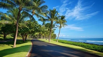 Fototapeta premium path along the beach in tropical island with palm trees and clear blue sky