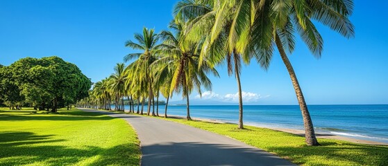 Obraz premium path along the beach in tropical island with palm trees and clear blue sky