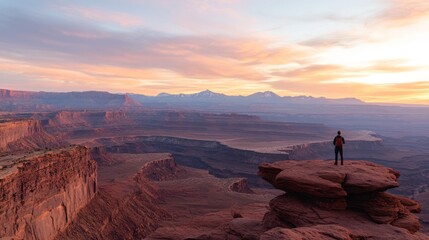 Naklejka premium Canyonlands National Park Sunrise Vista: A lone hiker contemplates the vast expanse of the desert landscape at dawn, bathed in the warm glow of the rising sun.