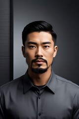Fototapeta premium Serious confident young Asian with black beard standing against isolated background