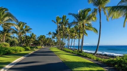Obraz premium Tropical Beach Path with Palm Trees and Blue Sky