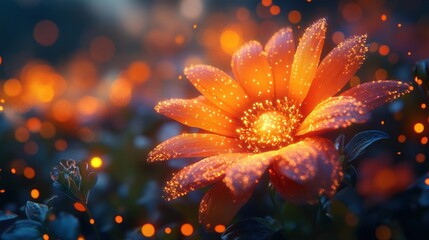 Glowing orange flower with bokeh lights in a dark garden at night.
