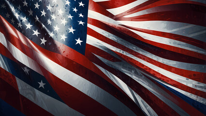 A dynamic abstract background featuring elements of the American flag, with swirling red, white, and blue patterns blending into geometric shapes, evoking a sense of patriotism and unity.