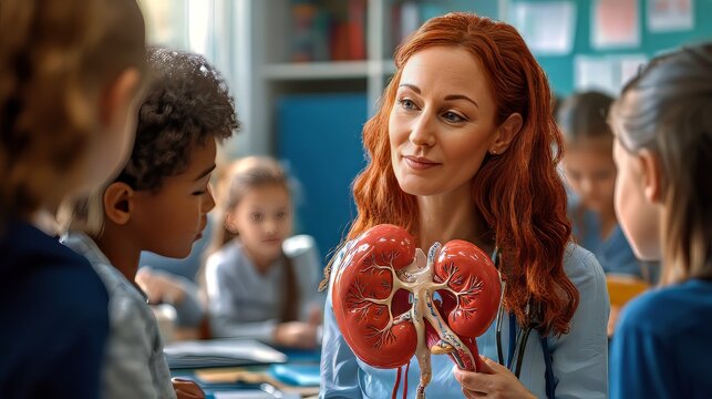 School doctor teaching human kidney anatomy to elementary school children - Powered by Adobe
