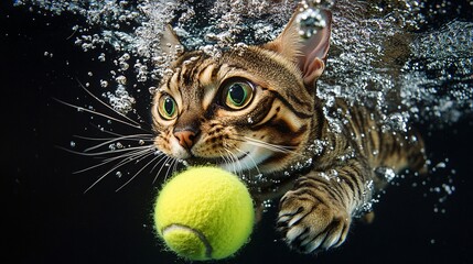 Bengal cat underwater, eyes wide, reaching for a yellow tennis ball, surrounded by bubbles.