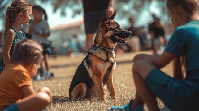 German shepherd dog sitting calmly on grass during training session with children
