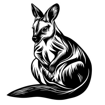 Black and white wallaby illustration.