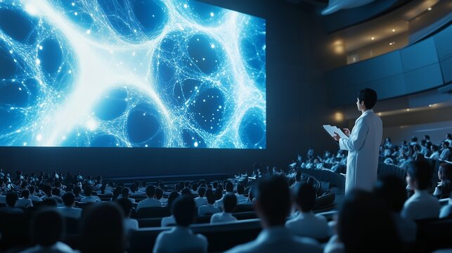 Scientist presenting research to audience in conference hall with large screen showing neural network
