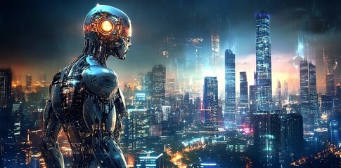 Cybernetic Sentinel: A Futuristic Metropolis Nightscape