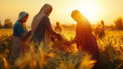 Indian women farmers harvesting wheat crop at sunset in a golden field