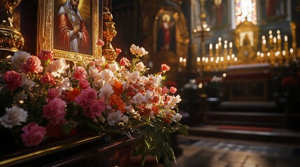 Fototapeta premium Colorful roses decorating icon of saint john of nepomuk in church