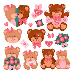 Valentines Day Teddy Bears Textured Characters Set