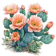 Beautiful Cactus with Pink Flowers in Full Bloom against White Background