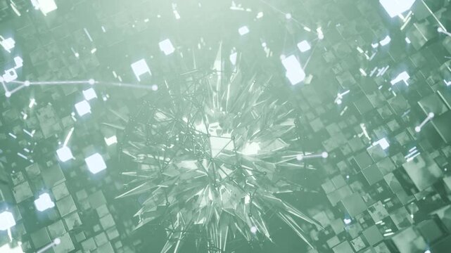A geometric luminous sphere surrounded by platforms and lights in an abstract technological environment. Video loop seamless synchronized at 120 bmp