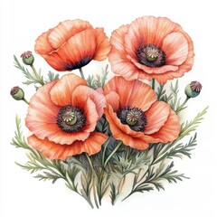 Vibrant Orange Poppies with Green Leaves in Elegant Floral Composition