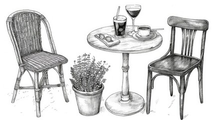 Black and white sketch of bistro table with chairs, drinks, and potted plant.