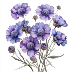 Beautiful Purple Flowers with Green Leaves on White Background