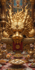 Golden dragon sculpture amidst offerings in a sacred space.