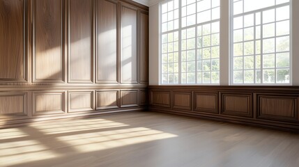 Fototapeta premium Sunlit empty room with wooden panels and large windows, casting warm natural light on the floor.