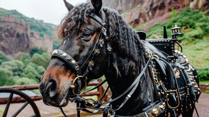 Obraz premium Majestic Black Horse at Medieval Castle