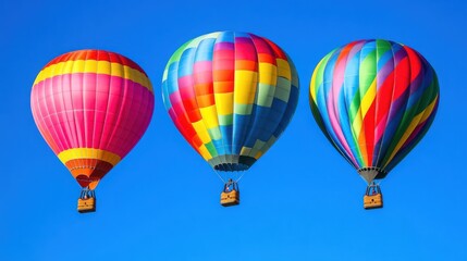 Obraz premium Three Colorful Hot Air Balloons Soaring in a Vivid Blue Sky