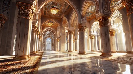 Obraz premium Intricate Arab archway leading to a beautiful mosque, the scene exuding cultural richness and peaceful ambiance under soft lighting.