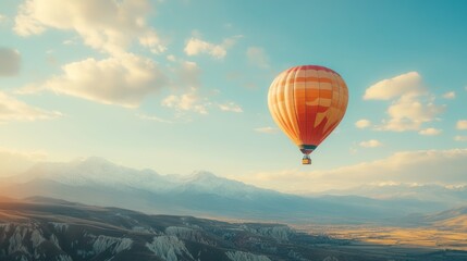 Fototapeta premium Hot Air Balloon Soaring Over Majestic Mountains at Sunrise