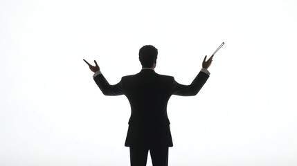 Conducting symphony, dramatic gestures in classic style, clean white background, 3D illustration