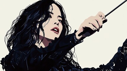 A traditional-style illustration of a female conductor leading a symphony orchestra, her left hand gesturing sharply while the baton in her right hand moves with precision