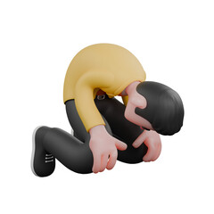 Designer Skills Set Characters 3D Model. A male designer set kneels on the floor with his head on his knees, and his hands hug his knees, an expression full of sadness. Cartoon Style