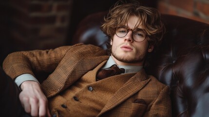 Obraz premium Stylish young man in vintage attire, posing confidently.