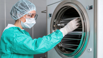 hospital healthcare equipment concept. healthcare worker operates sterilization machine in hospital