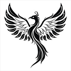 Powerful phoenix rising tattoo design in monochrome tribal art