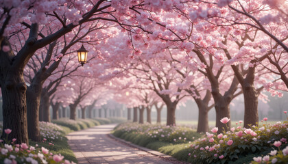 Naklejka premium Serene cherry blossom pathway with blooming flowers and lantern.