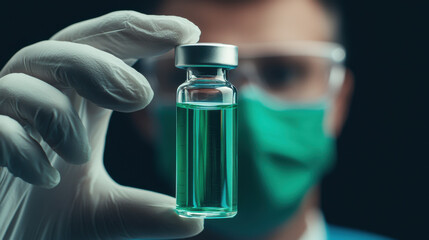 hospital healthcare equipment concept. healthcare worker holds vial of green liquid with focus