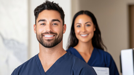 Fototapeta premium hospital healthcare equipment concept. Smiling healthcare professionals in modern clinic setting