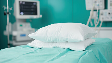 hospital healthcare equipment concept. Hospital bed with white pillows in medical room
