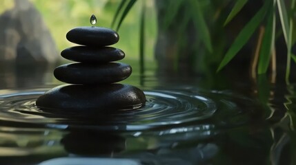 Fototapeta premium Tranquil stacked stones with water ripple and bamboo in background